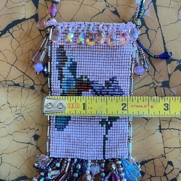 Hand Woven Bead Pouch Necklace Reversible Hummingbird Cat Cottage Boho Trinket - Picture 16 of 16